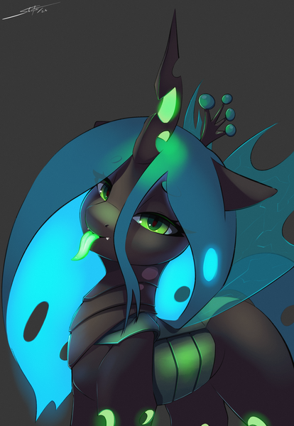 Size: 2000x2900 | Tagged: safe, artist:skitsniga, derpibooru import, queen chrysalis, changeling, changeling queen, bedroom eyes, eye clipping through hair, female, g4, glow, glowing tongue, gray background, high res, image, looking at you, png, simple background, solo, tongue out