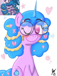 Size: 1620x2160 | Tagged: safe, artist:jesslmc16, derpibooru import, izzy moonbow, unicorn, g5, background, blushing, bow, bust, cute, cutie mark, digital art, female, freckles, glasses, hair bow, hairpin, heart, horn, image, izzybetes, lighting, png, poofy mane, portrait, procreate app, reference, shading, signature, simple background, sitting, solo, white background
