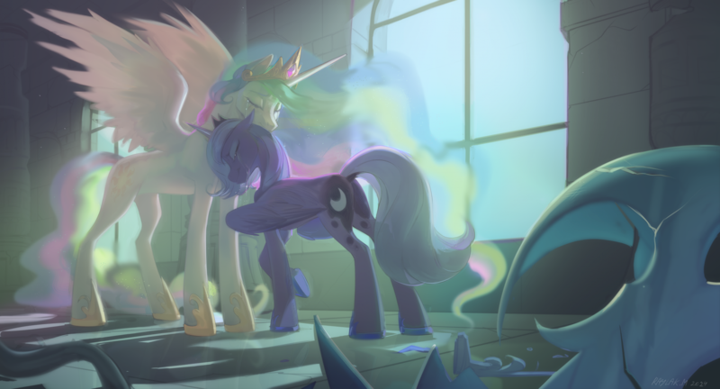 Size: 2611x1411 | Tagged: safe, artist:raylakm, derpibooru import, princess celestia, princess luna, alicorn, pony, friendship is magic, season 1, blue mane, blue tail, butt, castle of the royal pony sisters, commission, crepuscular rays, crown, crying, digital art, dock, duo, duo female, emotional, ethereal mane, ethereal tail, eyes closed, feather, female, folded wings, g4, gem, helmet, high res, hoof shoes, horn, hug, image, jewelry, looking at each other, looking at someone, mare, peytral, plot, png, regalia, reunion, sad, scene interpretation, sibling love, signature, sisterly love, spread wings, sunlight, sunrise, tail, teary eyes, window, wings