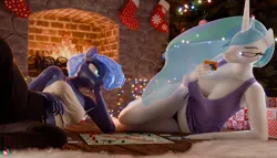 Size: 1920x1100 | Tagged: safe, artist:rinny, derpibooru import, princess celestia, princess luna, alicorn, anthro, 2023, board game, breasts, busty princess celestia, card, christmas, cleavage, clothes, female, females only, fireplace, holiday, image, lying down, panties, playing, png, side, tanktop, underwear