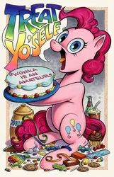 Size: 432x672 | Tagged: safe, artist:andypriceart, derpibooru import, pinkie pie, earth pony, pony, belly, cake, candy, cookie, cookie jar, cupcake, dialogue, female, food, image, jpeg, lollipop, looking at you, mare, open mouth, round belly, sitting, traditional art, volumetric mouth, yelling