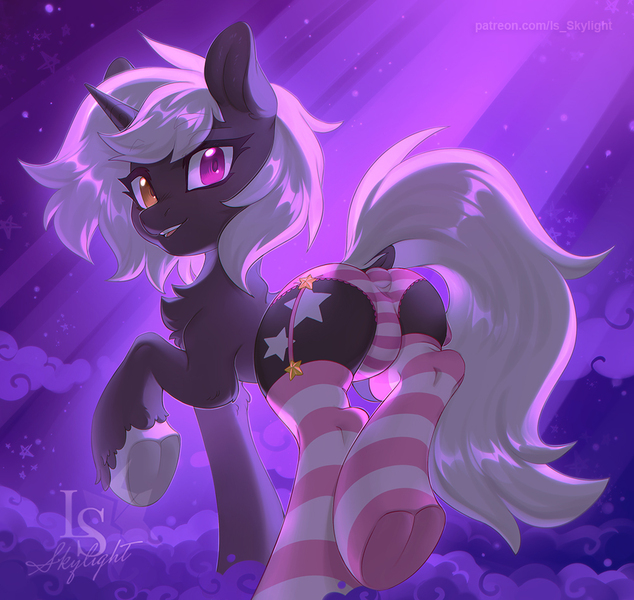 Size: 1000x947 | Tagged: suggestive, artist:ls_skylight, derpibooru import, pony, anus cameltoe, butt, clothes, commission, dock, frog (hoof), image, jpeg, panties, plot, socks, solo, stockings, striped socks, striped underwear, tail, thigh highs, underhoof, underwear, ych result, your character here