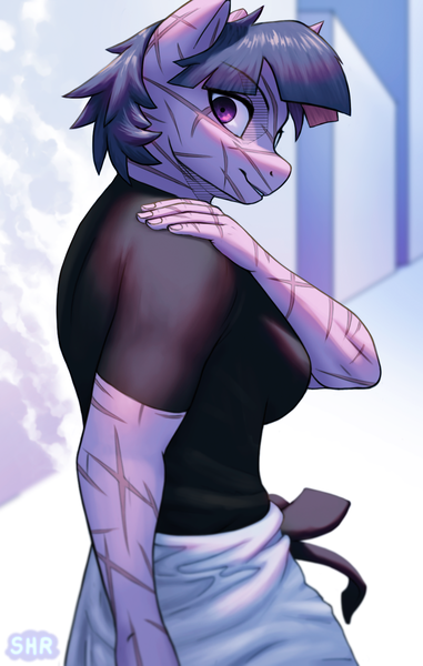 Size: 915x1440 | Tagged: safe, artist:suhar, derpibooru import, twilight sparkle, anthro, unicorn, building, city, clothes, female, g4, horn, image, jujutsu kaisen, looking at you, looking back, pants, png, scar, shirt, smiling, solo, t-shirt