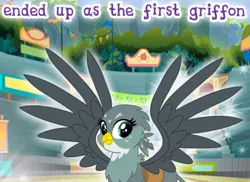 Size: 824x599 | Tagged: safe, derpibooru import, gabby, gryphon, cropped, english, female, g4, gameloft, image, looking at you, meme, mobile game, my little pony: magic princess, png, solo, spread wings, text, wings, wow! glimmer, wrong