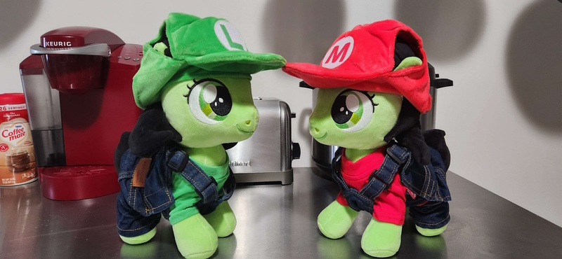 Size: 4000x1848 | Tagged: safe, derpibooru import, oc, oc:anonfilly, unofficial characters only, earth pony, pony, 4chan, clothes, costume, female, filly, image, irl, jpeg, luigi, mario, photo, plushie, super mario bros.