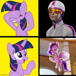 Size: 500x500 | Tagged: safe, derpibooru import, editor:railpony, pipp petals, twilight sparkle, twilight sparkle (alicorn), alicorn, human, pegasus, pony, g5, my little pony: a new generation, female, g4, hotline bling, image, imgflip, insomniac games, jpeg, marvel, marvel comics, meme, screwball (marvel), spider-man, trio, trio female