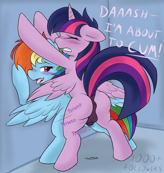 Size: 1280x1347 | Tagged: explicit, artist:ambris, derpibooru import, rainbow dash, twilight sparkle, twilight sparkle (alicorn), alicorn, pony, against wall, announcing ejaculation, anus, balls, bedroom eyes, bipedal, blushing, butt, dialogue, dickgirl, dickgirl on female, dock, doggy style, eyes closed, female, floppy ears, from behind, futa, futa on female, futa twilight sparkle, g4, gritted teeth, image, imminent orgasm, intersex, jpeg, lesbian, looking back, nudity, open mouth, penetration, penis, plot, sex, shipping, smiling, spread wings, tail, taint, teeth, tongue out, twidash, vagina, vaginal, vaginal secretions, wingboner, wings