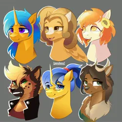 Size: 4096x4096 | Tagged: safe, artist:poxy_boxy, derpibooru import, oc, oc:thursday, unofficial characters only, deer, earth pony, pegasus, pony, unicorn, blaze (coat marking), bust, clothes, coat markings, deer oc, eye clipping through hair, eyebrows, eyebrows visible through hair, facial markings, female, flower, flower in hair, glasses, gray background, horn, image, jacket, jpeg, male, mare, non-pony oc, signature, simple background, stallion, sunflower, unusual pupils