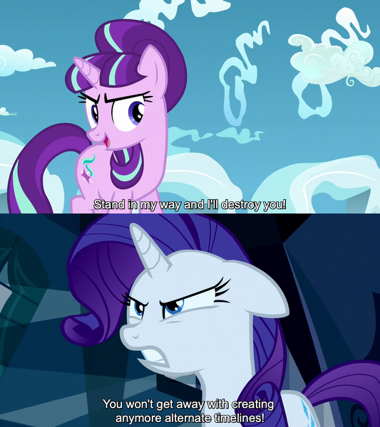 Size: 1280x1440 | Tagged: safe, derpibooru import, edit, edited screencap, editor:jaredking779, screencap, rarity, starlight glimmer, pony, unicorn, do princesses dream of magic sheep, season 5, the cutie re-mark, caption, confrontation, duo, female, floppy ears, g4, horn, image, jpeg, mare, s5 starlight, text