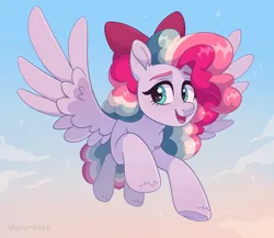 Size: 2090x1817 | Tagged: safe, artist:skysorbett, derpibooru import, oc, oc:sky sorbet, unofficial characters only, pegasus, pony, bow, cloud, curly hair, curly mane, female, flying, hair bow, image, looking at you, mare, multicolored hair, multicolored mane, open mouth, png, sky, smiling, smiling at you, solo, spread wings, wings