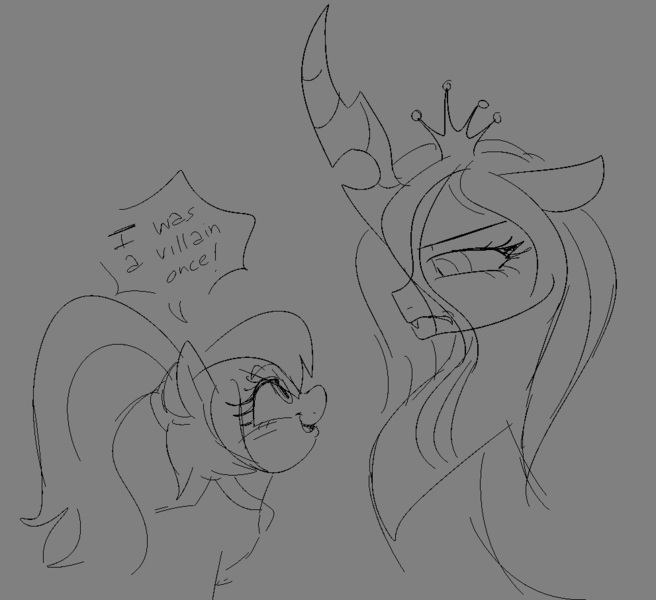 Size: 991x907 | Tagged: safe, artist:nyansockz, derpibooru import, queen chrysalis, sonata dusk, ponified, changeling, changeling queen, pony, dialogue, female, frown, g4, happy, image, looking at each other, looking at someone, mare, open mouth, open smile, png, sketch, smiling, unamused