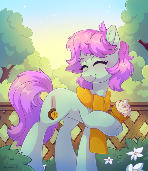 Size: 1817x2090 | Tagged: safe, artist:skysorbett, derpibooru import, oc, oc:sherbet, unofficial characters only, earth pony, pony, clothes, eyes closed, female, fence, flower, food, garden, ice cream, image, mare, png, scarf, smiling, solo, tree