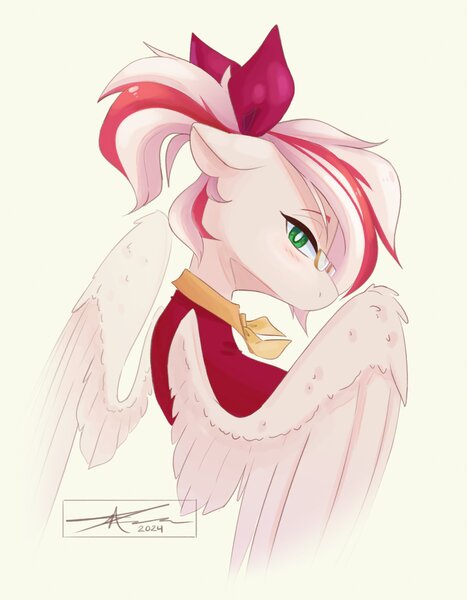 Size: 2100x2700 | Tagged: safe, artist:mindlessnik, derpibooru import, oc, unofficial characters only, pegasus, pony, bust, commission, floppy ears, glasses, image, jpeg, looking at you, looking back, looking back at you, partially open wings, simple background, solo, wings, yellow background