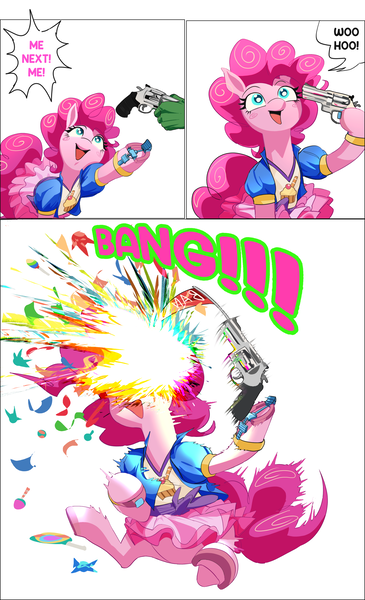 Size: 2160x3555 | Tagged: suggestive, artist:applephil, derpibooru import, pinkie pie, oc, oc:anon, earth pony, pony, candy, confetti, food, gun, handgun, image, offscreen character, png, revolver, russian roulette, solo, sweets, weapon