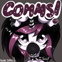 Size: 2048x2048 | Tagged: safe, artist:toxikil, derpibooru import, oc, oc:blitz chord, pony, unicorn, advertisement, choker, commission, commission info, commission open, ear piercing, earring, emo, horn, horn ring, image, jewelry, makeup, piercing, png, ring, scene, simple background, solo, spikes, tongue out, wingding eyes