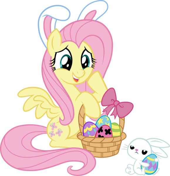 Size: 2907x3011 | Tagged: safe, artist:jaye, derpibooru import, angel bunny, fluttershy, pegasus, pony, rabbit, animal, basket, bow, bunny ears, cute, daaaaaaaaaaaw, duo, easter, easter egg, female, g4, holiday, image, male, mare, png, shyabetes, simple background, stock vector, transparent background