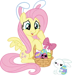 Size: 2907x3011 | Tagged: safe, artist:jaye, derpibooru import, angel bunny, fluttershy, pegasus, pony, rabbit, animal, basket, bow, bunny ears, cute, daaaaaaaaaaaw, duo, easter, easter egg, female, g4, holiday, image, male, mare, png, shyabetes, simple background, stock vector, transparent background