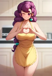 Size: 3328x4864 | Tagged: suggestive, ai content, derpibooru import, machine learning generated, stable diffusion, sugar belle, human, apron, blurry background, breasts, busty sugar belle, clothes, female, g4, generator:pony diffusion v6 xl, generator:purplesmart.ai, heart hands, hips, humanized, image, indoors, legs, looking at you, naked apron, nudity, one eye closed, partial nudity, png, prompter:lerkyboy, smiling, solo, solo female, wink, winking at you