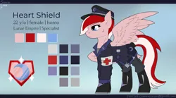 Size: 2700x1500 | Tagged: safe, artist:sinrinf, derpibooru import, oc, oc:heart shield, pegasus, pony, clothes, commission, female, image, mare, medic, military pony, military uniform, night guard, png, reference sheet, solo, spread wings, uniform, wings, ych result