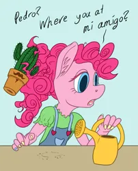 Size: 969x1200 | Tagged: safe, artist:sepiakeys, derpibooru import, pinkie pie, anthro, cactus, image, png, solo, watering can