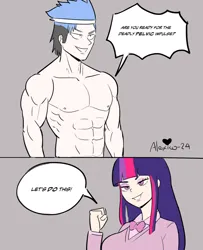 Size: 1300x1600 | Tagged: suggestive, artist:alexicoreborn, derpibooru import, twilight sparkle, human, abs, bowtie, clothes, crossover, crossover shipping, female, g4, gray background, humanized, image, jpeg, male, mordecai, mordetwi, partial nudity, regular show, shipping, signature, simple background, speech bubble, straight, sweatband, topless, translation