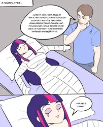 Size: 1300x1600 | Tagged: safe, artist:alexicoreborn, derpibooru import, twilight sparkle, unnamed character, human, bandage, bed, big breasts, body cast, breasts, busty twilight sparkle, crying, eyes closed, g4, gray background, hospital bed, humanized, image, injured, jpeg, simple background, tears of joy, tears of pain, translation
