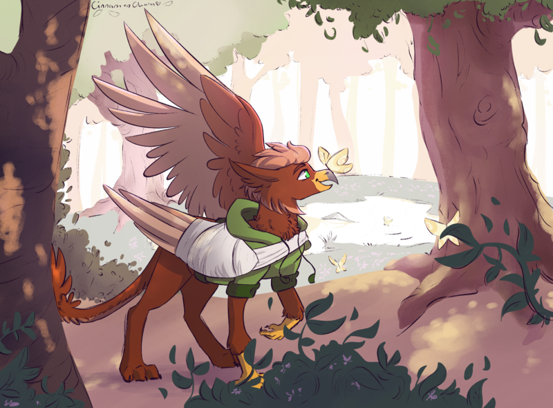 Size: 2711x2000 | Tagged: safe, artist:cinnamoncharm, derpibooru import, oc, oc:pavlos, butterfly, gryphon, insect, bandage, beak, broken bone, broken wing, cast, cheek fluff, claws, clothes, colored wings, commission, eared griffon, forest, griffon oc, happy, image, injured, male, nature, non-pony oc, one wing out, png, sling, smiling, tail, tree, wings