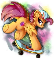 Size: 1600x1734 | Tagged: safe, artist:woonborg, derpibooru import, scootaloo, pegasus, pony, cutie mark, ear fluff, frog (hoof), helmet, image, jpeg, skateboard, skating, solo, tail, the cmc's cutie marks, underhoof