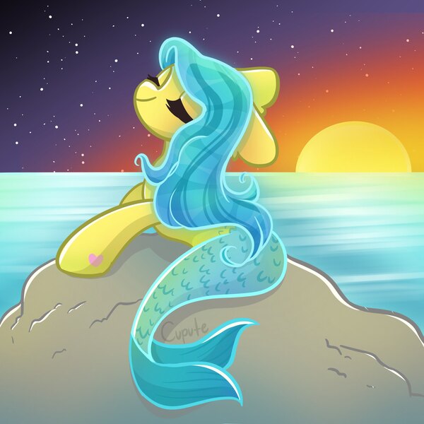 Size: 2048x2048 | Tagged: safe, derpibooru import, anchors away, merpony, g3, blue mane, eyes closed, fish tail, flowing tail, image, jpeg, ocean, scales, scenery, solo, sunset, tail, water, yellow coat