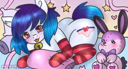 Size: 620x334 | Tagged: safe, artist:anykoe, derpibooru import, oc, oc:anykoe, earth pony, rabbit, adorasexy, animal, bed, bedroom, blushing, bowtie, clothes, coll, cute, female, floating heart, heart, image, jingle bells, light skin, looking at you, multicolored hair, pillow, plushie, png, sexy, socks, solo, stars, striped socks, tongue out
