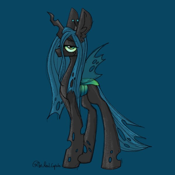 Size: 1960x1960 | Tagged: safe, artist:therealcupute, derpibooru import, queen chrysalis, changeling, changeling queen, blue background, female, g4, image, jpeg, looking at you, simple background, solo, standing