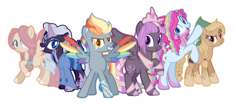 Size: 1024x452 | Tagged: safe, artist:meimisuki, artist:tersisa, derpibooru import, applejack, fluttershy, pinkie pie, rainbow dash, rarity, twilight sparkle, alicorn, earth pony, pegasus, pony, unicorn, base used, braid, clothes, coat markings, colored wings, crown, female, horn, horn ring, image, jewelry, mane six, mare, peytral, png, redesign, regalia, ring, simple background, transparent background, wings