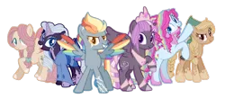 Size: 1024x452 | Tagged: safe, artist:meimisuki, artist:tersisa, derpibooru import, applejack, fluttershy, pinkie pie, rainbow dash, rarity, twilight sparkle, alicorn, earth pony, pegasus, pony, unicorn, base used, braid, clothes, coat markings, colored wings, crown, female, horn, horn ring, image, jewelry, mane six, mare, peytral, png, redesign, regalia, ring, simple background, transparent background, wings