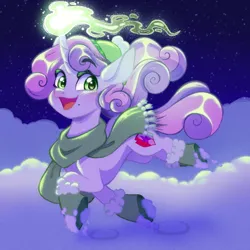 Size: 1280x1280 | Tagged: safe, artist:carouselunique, derpibooru import, sweetie belle, unicorn, friendship is magic, clothes, g4, hat, horn, image, magic, night, png, shoes, snow, solo, telekinesis, winter hat
