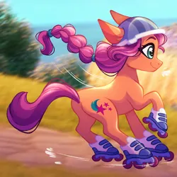 Size: 1280x1280 | Tagged: safe, artist:carouselunique, derpibooru import, sunny starscout, earth pony, pony, g5, my little pony: a new generation, braid, februpony, image, jpeg, roller skates, scenery, skates, solo
