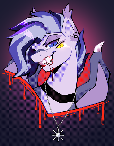 Size: 1821x2328 | Tagged: safe, artist:loom, derpibooru import, oc, oc:gloom fang, unofficial characters only, bat pony, vampire, vampire bat pony, fanfic:iron hearts, amulet, bat pony oc, bat wings, blood, bust, chaos star, choker, fangs, four eyes, image, jewelry, mutation, png, portrait, wings