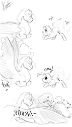 Size: 800x1400 | Tagged: oc name needed, source needed, safe, artist:satine, oc, oc:satine, unofficial characters only, pegasus, pony, black and white, duo, excited, female, giggling, grayscale, hug, image, large wings, male, mare, monochrome, png, prone, signature, simple background, size difference, spread wings, stallion, white background, winghug, wings