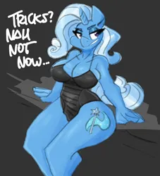 Size: 3000x3300 | Tagged: suggestive, artist:flutterthrash, derpibooru import, trixie, anthro, plantigrade anthro, pony, unicorn, 2d, big breasts, black background, breasts, busty trixie, cleavage, clothes, dialogue, female, g4, horn, image, legs, lidded eyes, mare, one-piece swimsuit, png, simple background, sitting, solo, solo female, stupid sexy trixie, swimsuit, thighs, thunder thighs, wide hips