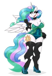 Size: 3000x4350 | Tagged: suggestive, artist:flutterthrash, derpibooru import, princess celestia, alicorn, anthro, plantigrade anthro, big breasts, breasts, busty princess celestia, cleavage, clothes, corset, cosplay, costume, eyeshadow, female, g4, high heels, high res, horn, image, implied queen chrysalis, leotard, lidded eyes, looking at you, makeup, open mouth, open smile, png, shoes, simple background, smiling, socks, solo, solo female, spread wings, stockings, thigh highs, white background, wings