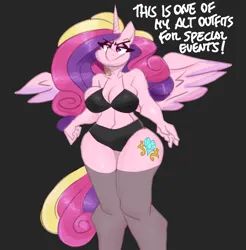 Size: 3000x3050 | Tagged: suggestive, artist:flutterthrash, derpibooru import, princess cadance, alicorn, anthro, pony, belly button, big breasts, black background, black underwear, bra, breasts, busty princess cadance, cleavage, clothes, dialogue, eyeshadow, female, g4, horn, image, lidded eyes, makeup, mare, midriff, panties, png, simple background, socks, solo, solo female, stockings, thigh highs, underwear, wide hips, wings