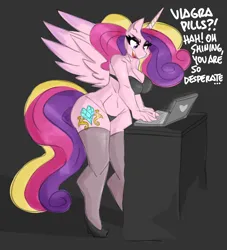 Size: 3000x3308 | Tagged: suggestive, artist:flutterthrash, derpibooru import, princess cadance, alicorn, anthro, plantigrade anthro, belly button, big breasts, black background, black underwear, bra, breasts, busty princess cadance, cleavage, clothes, computer, dialogue, female, g4, high heels, high res, image, implied erectile dysfunction, implied shining armor, internet history, laptop computer, milf, panties, png, shoes, simple background, socks, solo, solo female, spread wings, stockings, thigh highs, underwear, wide hips, wings