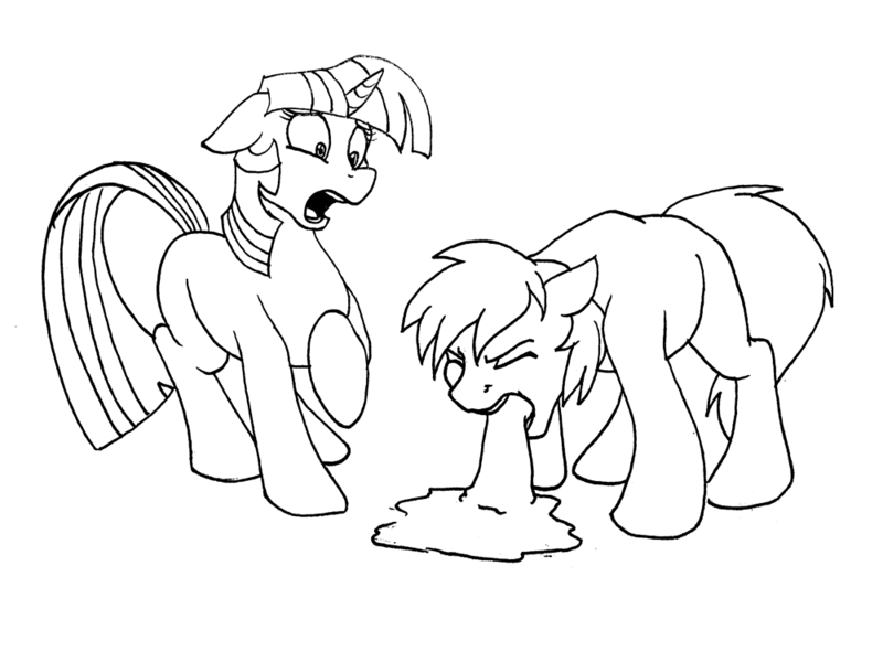 Size: 1000x750 | Tagged: source needed, safe, artist:acesential, twilight sparkle, oc, oc:penn, pony, unicorn, black and white, eyes closed, female, floppy ears, grayscale, image, male, mare, monochrome, png, recoiling, shocked, simple background, solo, stallion, unicorn twilight, vomit, white background
