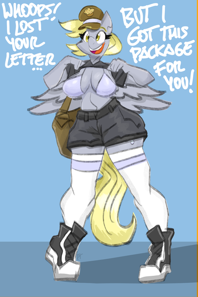 Size: 3000x4500 | Tagged: suggestive, artist:flutterthrash, derpibooru import, derpy hooves, anthro, pegasus, plantigrade anthro, belly button, big breasts, blue background, bra, breasts, busty derpy hooves, cargo shorts, clothes, converse, cute, derpabetes, dialogue, female, g4, happy, high res, image, mailmare, midriff, open mouth, open smile, png, pockets, shirt, shirt lift, shoes, shorts, simple background, smiling, sneakers, socks, solo, solo female, thigh highs, underwear, wings