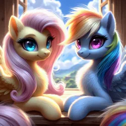 Size: 1024x1024 | Tagged: safe, ai content, machine learning generated, ponerpics import, ponybooru import, fluttershy, rainbow dash, pegasus, pony, bing, duo, female, fluffy, image, jpeg, looking at you, mare, smiling, smiling at you, window