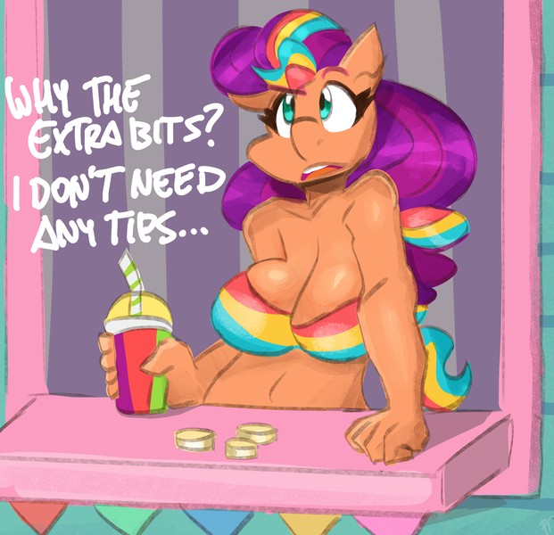Size: 3000x2900 | Tagged: suggestive, artist:flutterthrash, derpibooru import, sunny starscout, anthro, earth pony, pony, g5, 2d, belly button, big breasts, bikini, bikini top, breasts, busty sunny starscout, cleavage, clothes, confused, dialogue, drink, eyebrows, female, high res, image, looking up, mane stripe sunny, mare, money, png, raised eyebrow, smoothie, solo, solo female, string bikini, swimsuit, tube top