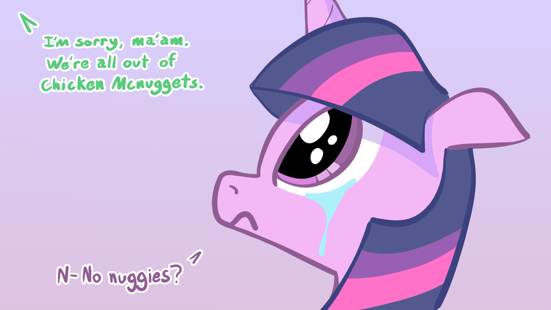 Size: 1920x1080 | Tagged: safe, artist:purblehoers, derpibooru import, twilight sparkle, pony, unicorn, chicken meat, chicken nugget, crying, dialogue, food, horn, image, mcdonald's, meat, png, ponies not eating meat, sad, simple background, solo, text