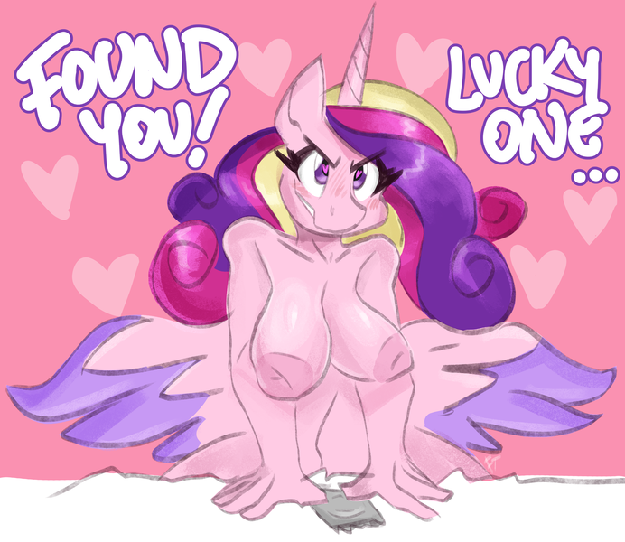 Size: 3000x2600 | Tagged: explicit, artist:flutterthrash, derpibooru import, princess cadance, alicorn, anthro, areola, big areola, big breasts, blush lines, blushing, breasts, busty princess cadance, condom, dialogue, female, g4, heart, heart eyes, high res, holiday, horn, image, imminent sex, implied infidelity, implied straight, milf, nipples, nudity, pink background, png, princess cadance is always horny, simple background, solo, solo female, spread wings, valentine's day, wingding eyes, wings
