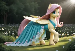 Size: 1216x832 | Tagged: safe, ai content, generator:everclear pny by zovya, machine learning generated, ponerpics import, ponybooru import, fluttershy, pegasus, pony, clothes, cutie mark, cutie mark on clothes, dress, female, flower, folded wings, grass, image, jpeg, mare, solo, tree, unshorn fetlocks, wings