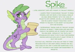 Size: 1280x887 | Tagged: safe, artist:carouselunique, derpibooru import, spike, dragon, alternate design, alternate universe, character swap, depressed, g4, image, jpeg, male, reference sheet, scroll, side stars au, simple background, smiling, solo, text