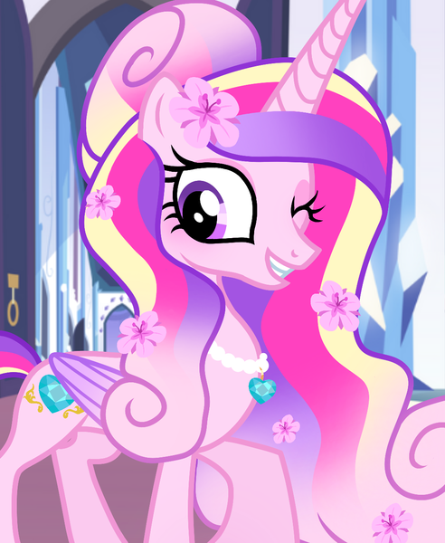 Size: 1080x1318 | Tagged: safe, artist:cstrawberrymilk, derpibooru import, princess cadance, pony, alternate design, concave belly, ethereal mane, flower, flower in hair, image, jewelry, long mane, necklace, one eye closed, pearl necklace, png, raised hoof, slender, solo, thin, wink